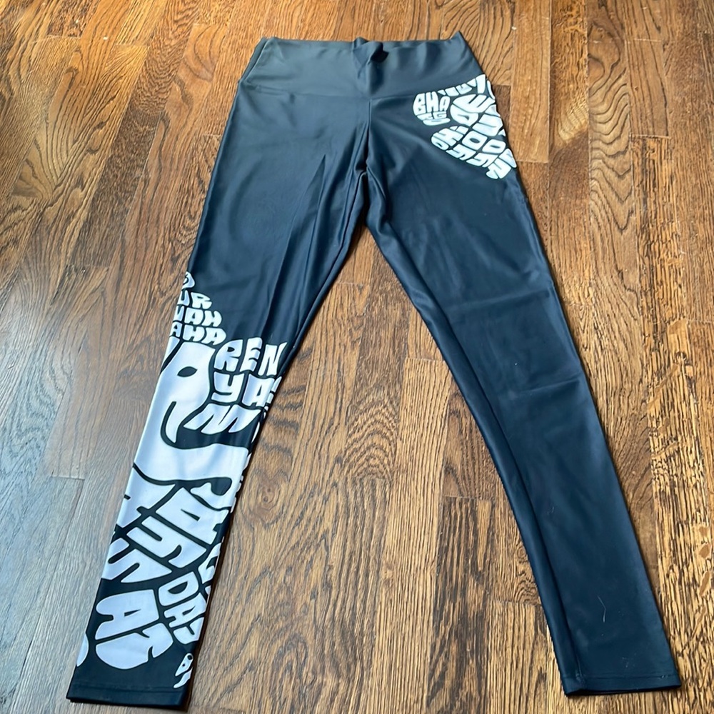 Black Funky Yoga yoga leggings tights with Gayatri Mantra detail, size S